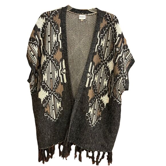 Sioni Open Front Sweater Sz 1X Gray Southwestern Native Geometric Aztec Fringe - Picture 2 of 13
